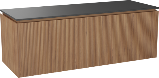 Balmani Eclips meuble salle de bains suspendu 150 x 55 cm Teck avec Stretto tablette simple ou double en Granit noir, Nervure droite symétrique verticale
