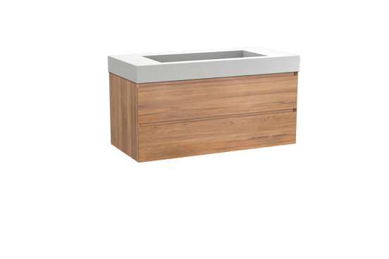 Balmani Mitra meuble salle de bains suspendu 120 x 55 cm teck avec Modus lavabo simple pour 2 trous de robinet en solid surface blanc mat