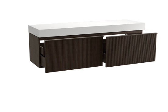 Balmani Forma meuble salle de bains suspendu 180 x 55 cm chêne fumé avec Dominus tablette simple ou double en solid surface blanc mat, Nervure droite symétrique verticale