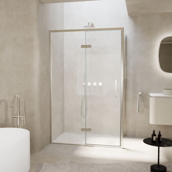 Balmani Senses Design douchehoek met linkse draaideur en vaste zijwand, 120 x 100 cm, Helder glas, Brushed CoolMetal profielen, met coating