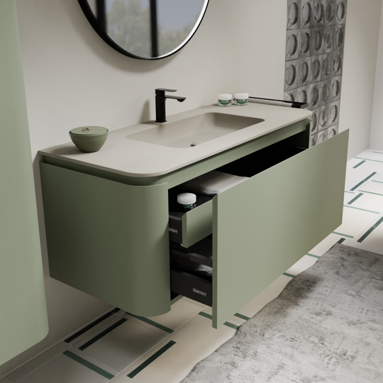 Balmani Moon meuble salle de bains suspendu 130 x 55 cm vert sauge avec Moon plan simple en top solid soie grise