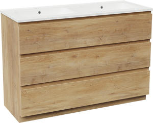 Linie Lado meuble salle de bains à poser 120 x 46 cm chêne naturel avec Vano double vasque en marbre composite blanc mat