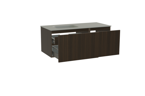 Balmani Sfera meuble salle de bains suspendu 120 x 55 cm eucalyptus avec Tablo Arcato plan vasque asymétrique à gauche en solid surface gris pierre