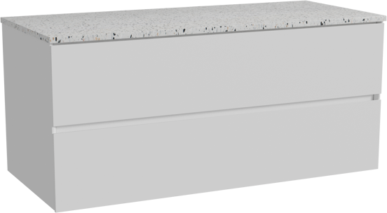 Storke Edge zwevend badmeubel 120 x 52 cm mat wit met Tavola enkel of dubbel wastafelblad in mat wit/zwart terrazzo