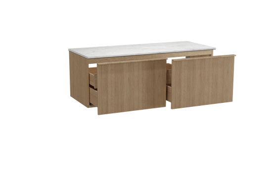 Balmani Forma zwevend badkamermeubel 135 x 55 cm natuur eik met Stretto enkel of dubbel tablet in marmer carrara, Verticale symmetrische rechte ribbel
