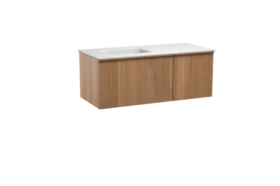 Balmani Forma zwevend badkamermeubel 120 x 55 cm teak met Tablo Arcato asymmetrisch linkse wastafel in solid surface mat wit, Verticale symmetrische rechte ribbel