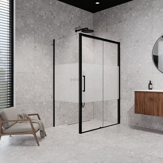 Balmani Senses Design douchecabine met rechtse schuifdeur en vaste zijwand, 120 x 80 cm, Helder glas met matte strook, Mat zwart profielen