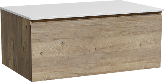 Storke Edge zwevend badkamermeubel 85 x 52 cm ruwe eik met Tavola enkel tablet in solid surface mat wit