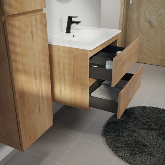 Linie Lado meuble salle de bains suspendu 70 x 46 cm chêne naturel avec Vano plan simple en marbre composite blanc mat