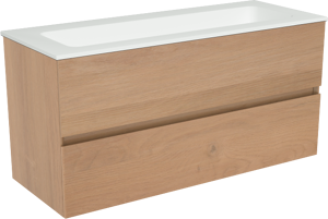 Storke Edge zwevend badkamermeubel 100 x 40 cm ruwe eik met Mata enkele wastafel voor 2 kraangaten in solid surface mat wit