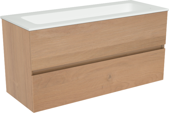 Storke Edge meuble salle de bains suspendu 100 x 40 cm chêne brut avec Mata plan simple pour 2 trous de robinet en solid surface blanc mat