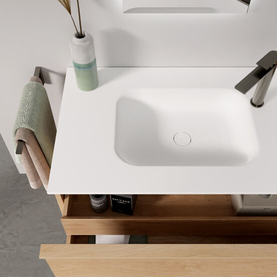 Balmani Forma hängendes Möbelstück Set: 150 x 55 cm, Naturbelassene Eiche, mit Tablo Arcato Doppelwaschtisch, Solid Surface, Weiß matt, Horizontale symmetrische gerade Rippe