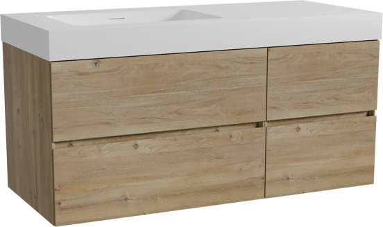 Storke Edge zwevend badmeubel 120 x 52 cm ruw eiken met Mata High asymmetrisch linkse wastafel in solid surface mat wit