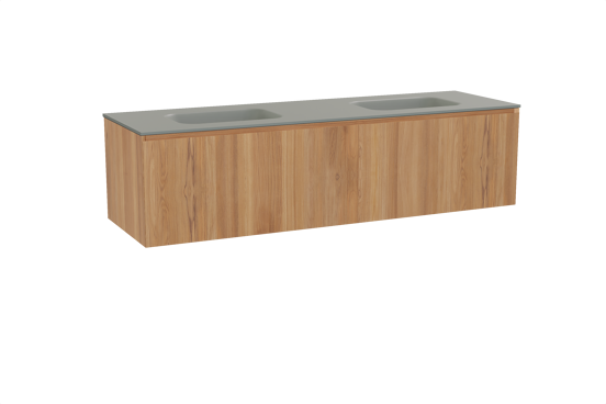 Balmani Idra zwevend badmeubel 180 x 55 cm teakhout met Tablo Arcato dubbele wastafel in solid surface steengrijs