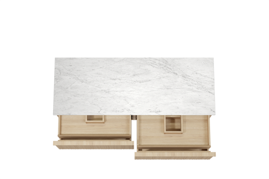 Balmani Forma hängendes Möbelstück Set: 150 x 55 cm, Naturbelassene Eiche, mit Stretto Einzel- oder Doppel Waschtischplatte, Marmor, Carrara, Vertikale asymmetrische Runde Rippe