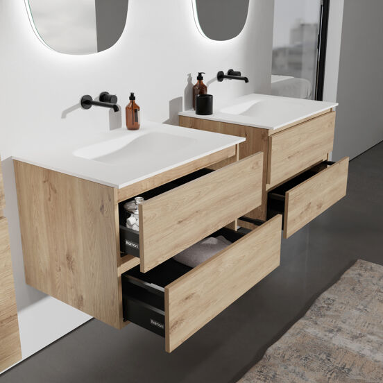 Balmani Lucida zwevend badkamermeubel 75 x 55 cm ruwe eik met Tablo Arcato enkele wastafel in solid surface mat wit