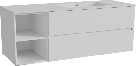 Storke Edge meuble salle de bains suspendu 140 x 52 cm blanc mat avec Diva plan vasque asymétrique à droite en marbre composite blanc brillant