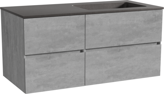 Storke Edge zwevend badmeubel 110 x 52 cm beton donkergrijs met Scuro asymmetrisch rechtse wastafel in kwarts mat zwart