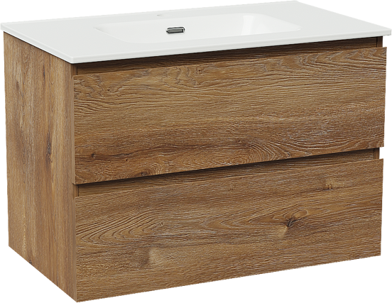 Linie Lado meuble salle de bains suspendu 80 x 46 cm chêne brun avec Baro plan simple en porcelaine blanc brillant