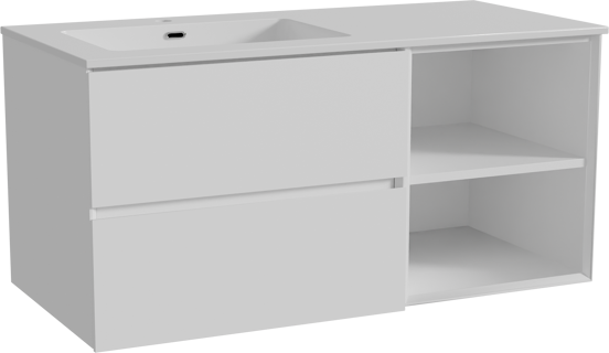Storke Edge meuble salle de bains suspendu 110 x 52 cm blanc mat avec Diva plan vasque asymétrique à gauche en marbre composite blanc brillant