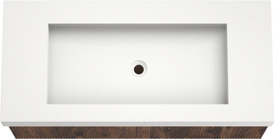 Balmani Forma zwevend badkamermeubel 120 x 55 cm amerikaanse notelaar met Modus enkele wastafel voor 2 kraangaten in solid surface mat wit, Verticale symmetrische rechte ribbel