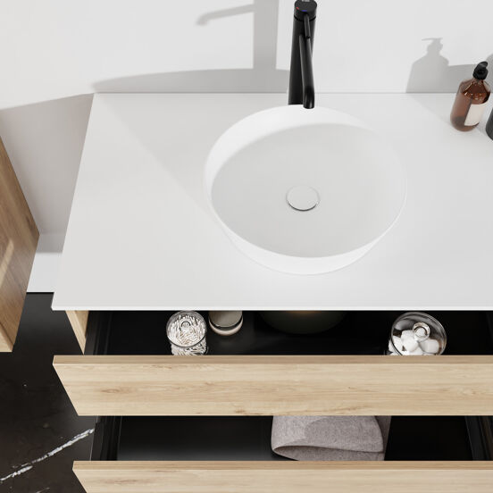 Balmani Lucida meuble salle de bains suspendu 150 x 55 cm chêne brut avec Stretto tablette simple ou double en solid surface blanc mat