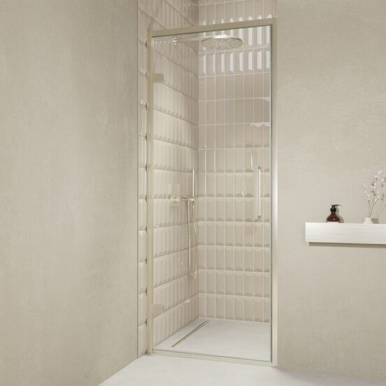 Balmani Senses Design Dusche Drehtür, Links, 90 cm x 210 cm, Klarglas, Profil Brushed CoolMetal, inklusive Coating