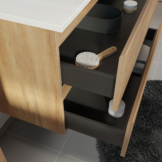 Linie Lado zwevend badmeubel 100 x 46 cm naturel eiken met Vano asymmetrisch rechtse wastafel in composietmarmer hoogglans wit