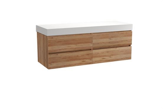 Balmani Lucida hängendes Möbelstück Set: 150 x 55 cm, Teak, mit Dominus Einzel- oder Doppel Waschtischplatte, Solid Surface Weiß matt