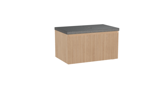 Balmani Fila zwevend badkamermeubel 90 x 55 cm natuur eik met Rock enkel tablet in graniet zwart, Verticale symmetrische rechte ribbel