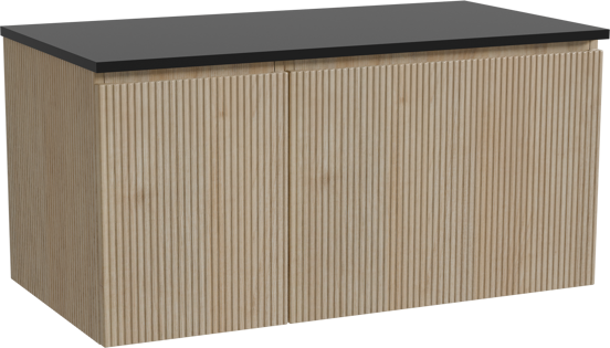 Storke Ribs meuble salle de bains suspendu 100 x 52 cm chêne brut avec Panton tablette simple en mdf enduit de poudre noir mat, Nervure droite symétrique verticale