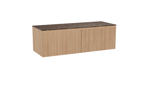 Balmani Fila zwevend badkamermeubel 150 x 55 cm natuur eik met Stretto enkel of dubbel tablet in marmer dark emperador, Verticale symmetrische rechte ribbel