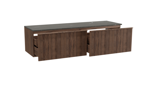 Balmani Forma hängendes Möbelstück Set: 180 x 55 cm, Amerikanischer Nussbaum, mit Stretto Einzel- oder Doppel Waschtischplatte, Marmor, Pietra Grey, Vertikale symmetrische gerade Rippe