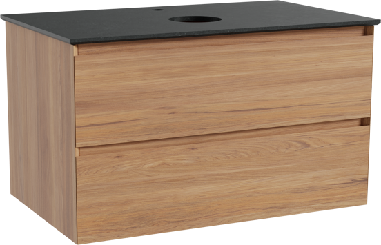 Balmani Mitra zwevend badkamermeubel 90 x 55 cm teak met Facetta enkel tablet in graniet zwart