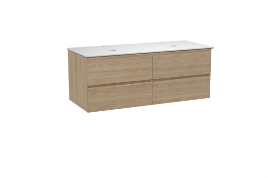 Balmani Mitra zwevend badkamermeubel 135 x 55 cm natuur eik met Facetta dubbel tablet in solid surface mat wit