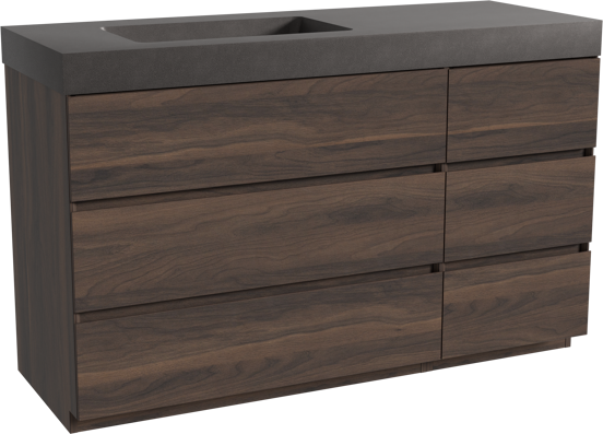 Storke Edge staand badkamermeubel 140 x 52 cm notelaar met Scuro High asymmetrisch linkse wastafel in kwarts mat zwart