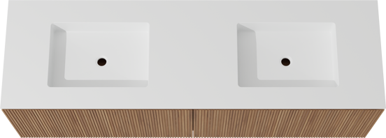 Balmani Eclips zwevend badkamermeubel 180 x 55 cm Teak met Tablo Stretto dubbele wastafel in Solid Surface mat wit, Verticale symmetrische rechte ribbel