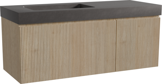 Storke Ribs hängendes Möbelstück Set: 130 x 52 cm, Rohe Eiche, mit Scuro High Waschtisch links, Quarz, Schwarz matt, Vertikale symmetrische gerade Rippe