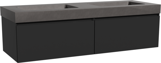 Storke Edge zwevend badmeubel 150 x 52 cm mat zwart met Scuro High dubbele wastafel in kwarts mat zwart