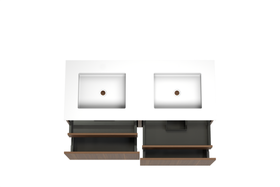 Balmani Sfera hängendes Möbelstück Set: 135 x 55 cm, Amerikanischer Nussbaum, mit Tablo Stretto Doppelwaschtisch, Solid Surface Weiß matt