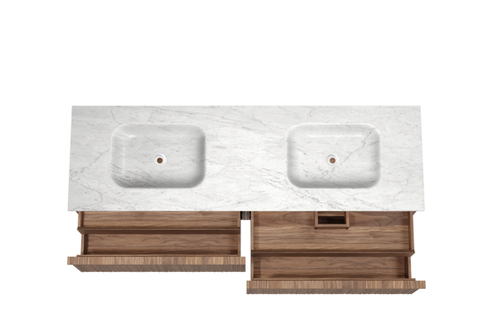 Balmani Forma hängendes Möbelstück Set: 180 x 55 cm, Amerikanischer Nussbaum, mit Tablo Arcato Doppelwaschtisch, Marmor, Carrara, Vertikale asymmetrische Runde Rippe