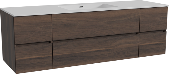 Storke Edge zwevend badmeubel 165 x 52 cm notenhout met Diva enkele wastafel in composietmarmer hoogglans wit