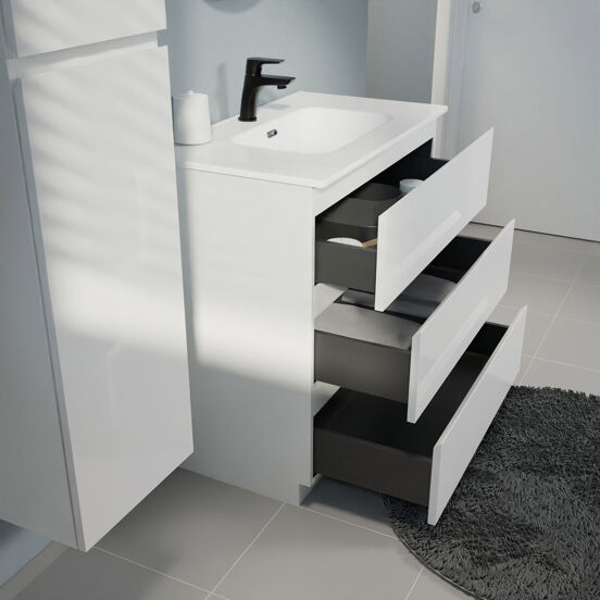 Linie Lado meuble salle de bains à poser 80 x 46 cm blanc brillant avec Baro plan simple en porcelaine blanc brillant