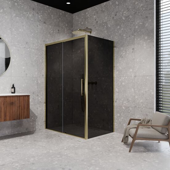 Balmani Senses Design douchehoek met linkse schuifdeur en vaste zijwand, 160 x 90 cm, Rookglas, Brushed Champagne Gold profielen