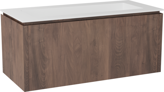 Balmani Eclips zwevend badkamermeubel 120 x 55 cm Amerikaanse notelaar met Tablo Stretto enkele wastafel in Solid Surface mat wit