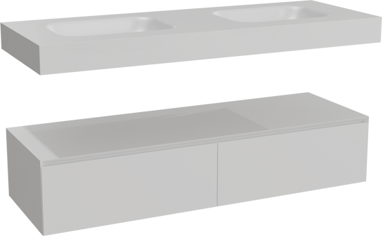 Balmani Mitra Elements zwevend badkamermeubel 150 x 55 cm mat wit met Arcato dubbele wastafel in solid surface mat wit