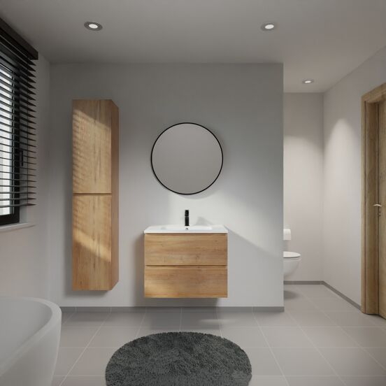 Linie Lado meuble salle de bains suspendu 70 x 46 cm chêne naturel avec Vano plan simple en marbre composite blanc mat