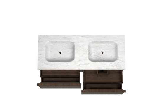 Balmani Forma meuble salle de bains suspendu 135 x 55 cm chêne fumé avec Tablo Arcato double vasque en marbre carrara, Nervure droite symétrique verticale