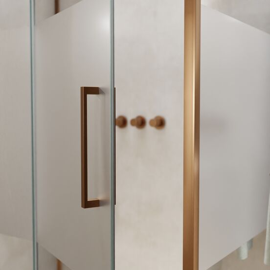 Balmani Senses Design douche en coin avec porte pivotante à gauche et paroi latérale fixe, 140 x 100 cm, Verre transparent avec bande matte, Profil Brushed Rosegold, coating inclus