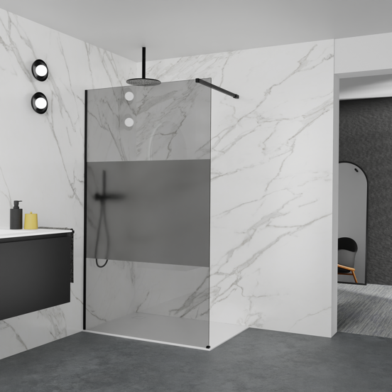 Balmani Modular inloopdouche: 120 x 200 cm, Rookglas met matte strook met coating, Mat zwarte profielen